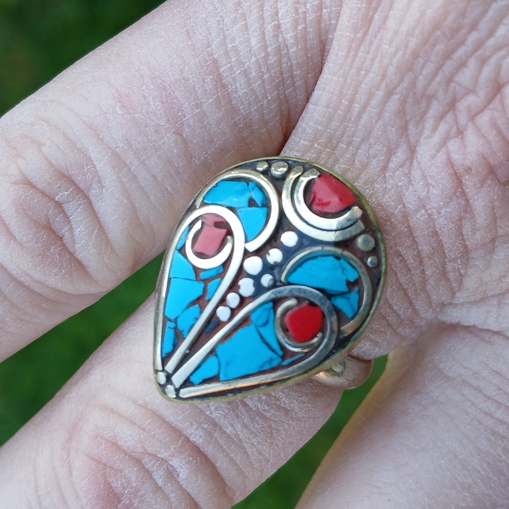 New Coral and Turquoise Adjustable Bronze Ring.